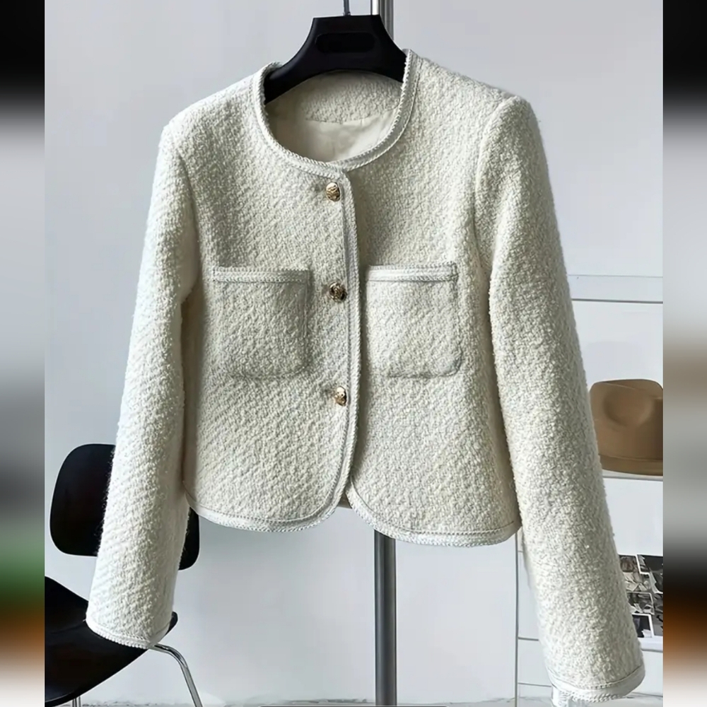 Elegant Beige Women's Blazer Jacket - Button-Front Coat, Structured Non-Stretch - Picture 3 of 5